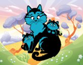 Disegno Mamma gatta e gattini pitturato su sarag