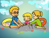 Disegno Famiglia sulla spiaggia pitturato su gaga