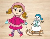Bambina con la slitta e il pupazzo di neve